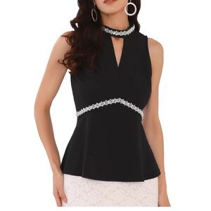 Women's Halter Top Beaded Mock Neck Keyhole Sleeveless Cocktail Peplum Blouse